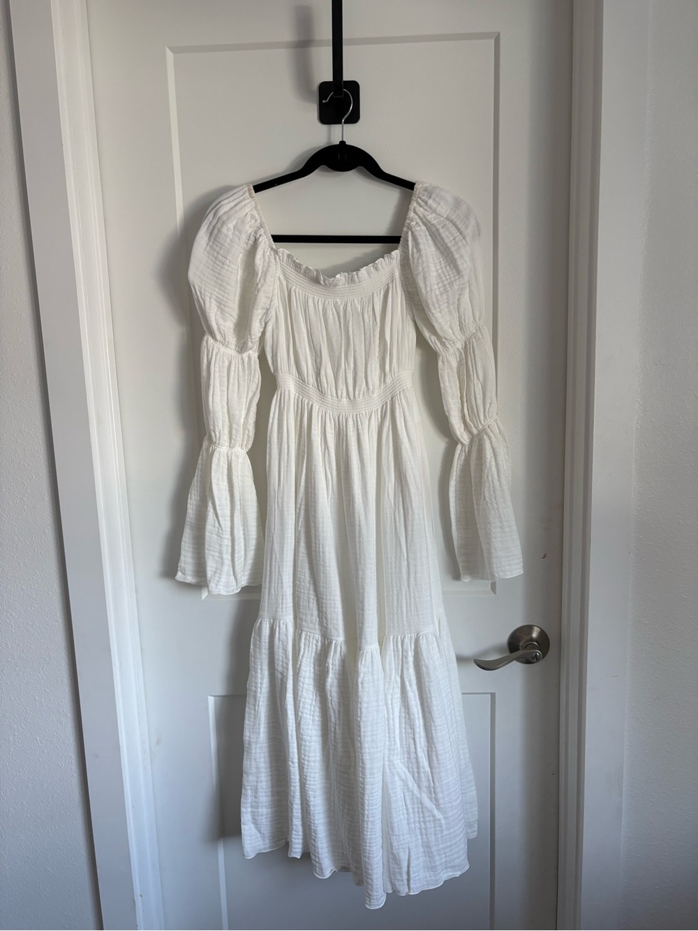 Smocked White Midi Dress with Puff Sleeves